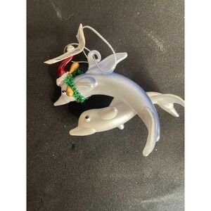Two Dolphins Christmas Ornament Santa Hat Tinsel Holiday Decor